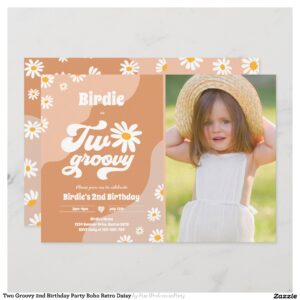 Two Groovy 2nd Birthday Party Boho Retro Daisy Invitation