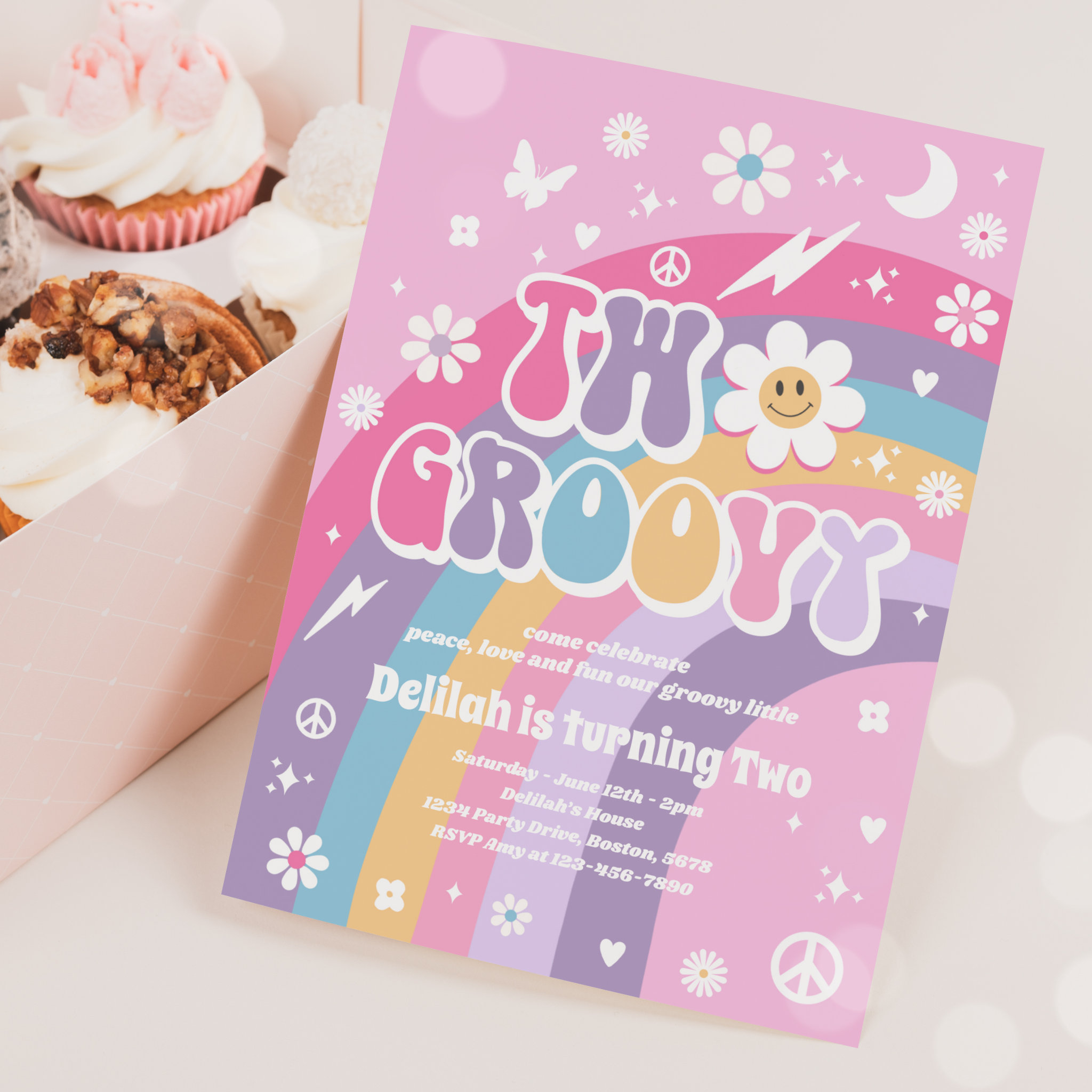 Two Groovy 2nd Birthday Peace Love Party Rainbow Invitation