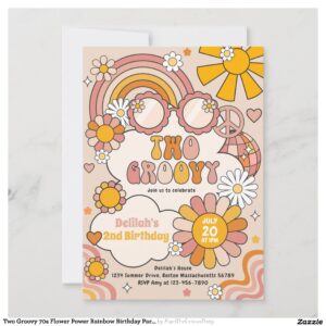 Two Groovy 70s Flower Power Rainbow Birthday Party Invitation