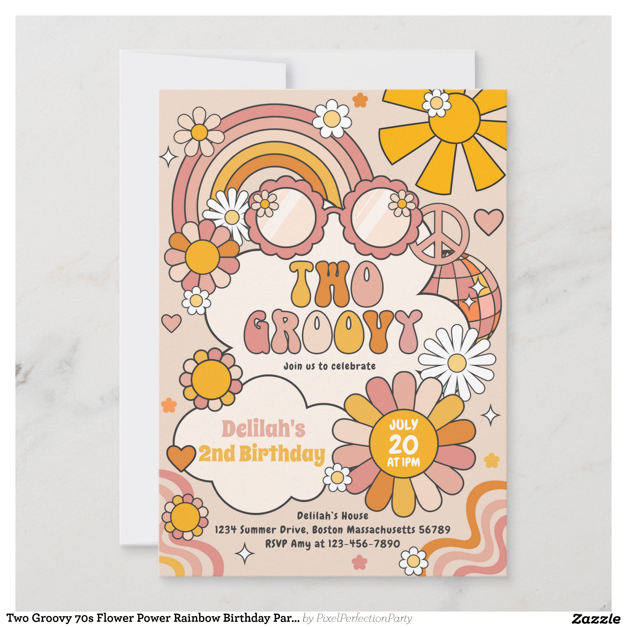 Two Groovy 70s Flower Power Rainbow Birthday Party Invitation