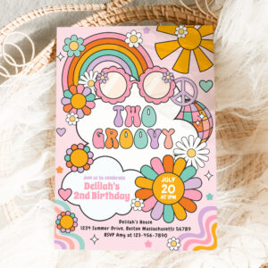 Two Groovy 70s Flower Power Rainbow Birthday Party Invitation