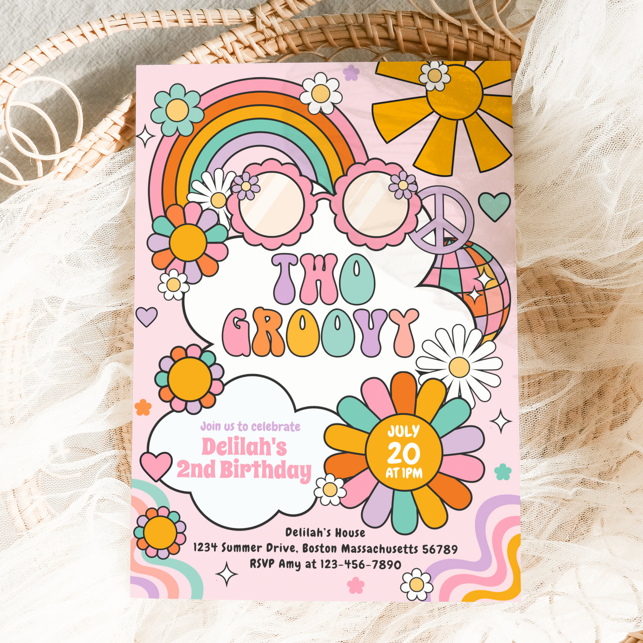Two Groovy 70s Flower Power Rainbow Birthday Party Invitation