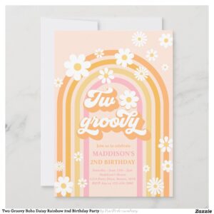 Two Groovy Boho Daisy Rainbow 2nd Birthday Party Invitation