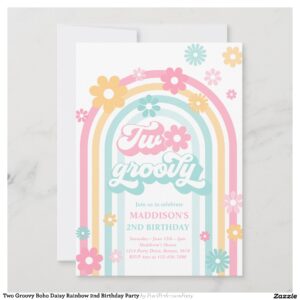 Two Groovy Boho Daisy Rainbow 2nd Birthday Party Invitation