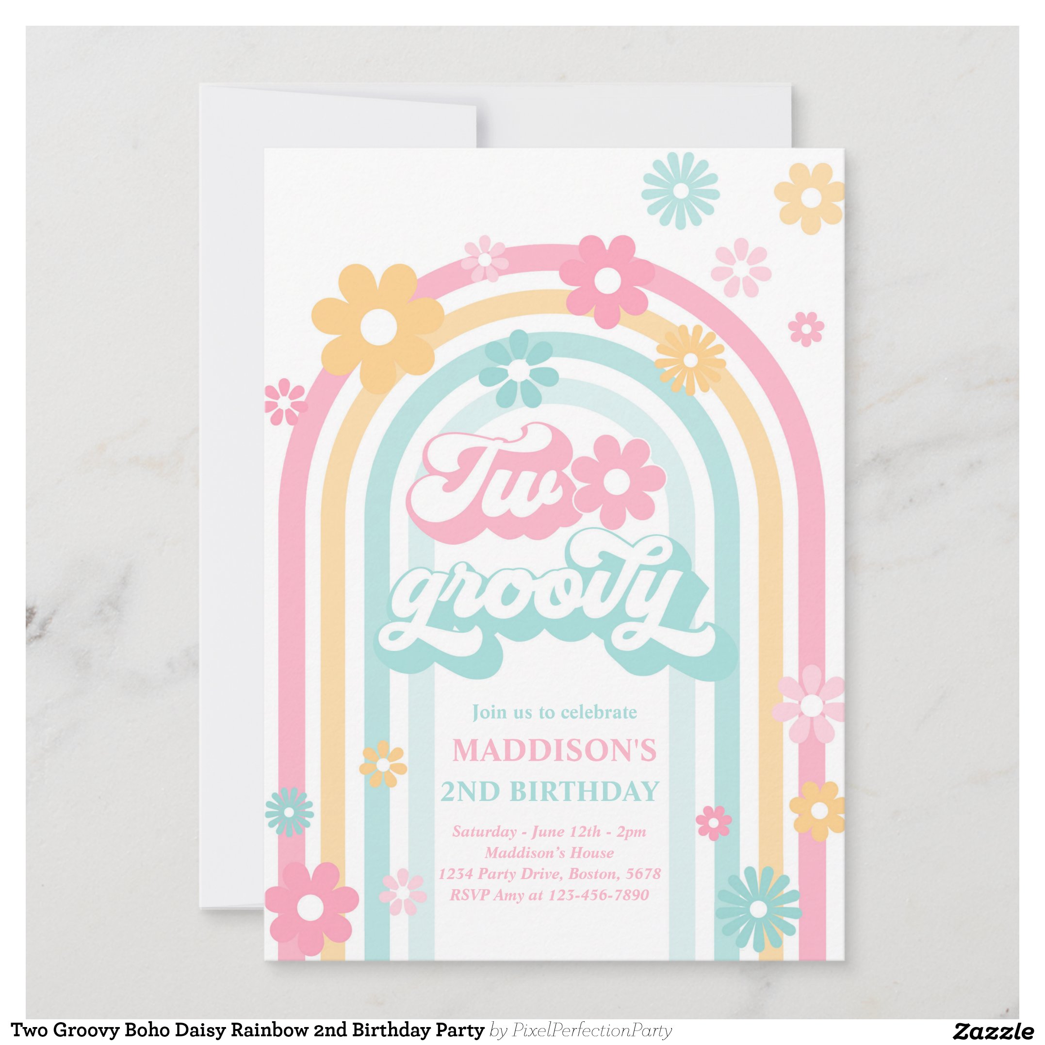 Two Groovy Boho Daisy Rainbow 2nd Birthday Party Invitation
