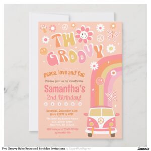 Two Groovy Boho Retro 2nd Birthday Invitations