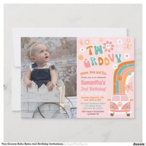 Two Groovy Boho Retro 2nd Birthday Invitations