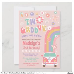 Two Groovy Boho Retro Hippie Birthday Invitations
