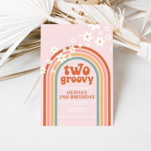 Two Groovy daisy boho floral rainbow 2nd birthday Invitation
