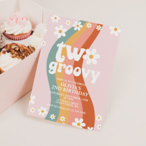 TWO Groovy daisy rainbow 2nd birthday Invitation