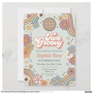Two Groovy Floral 2nd birthday 70s retro invite
