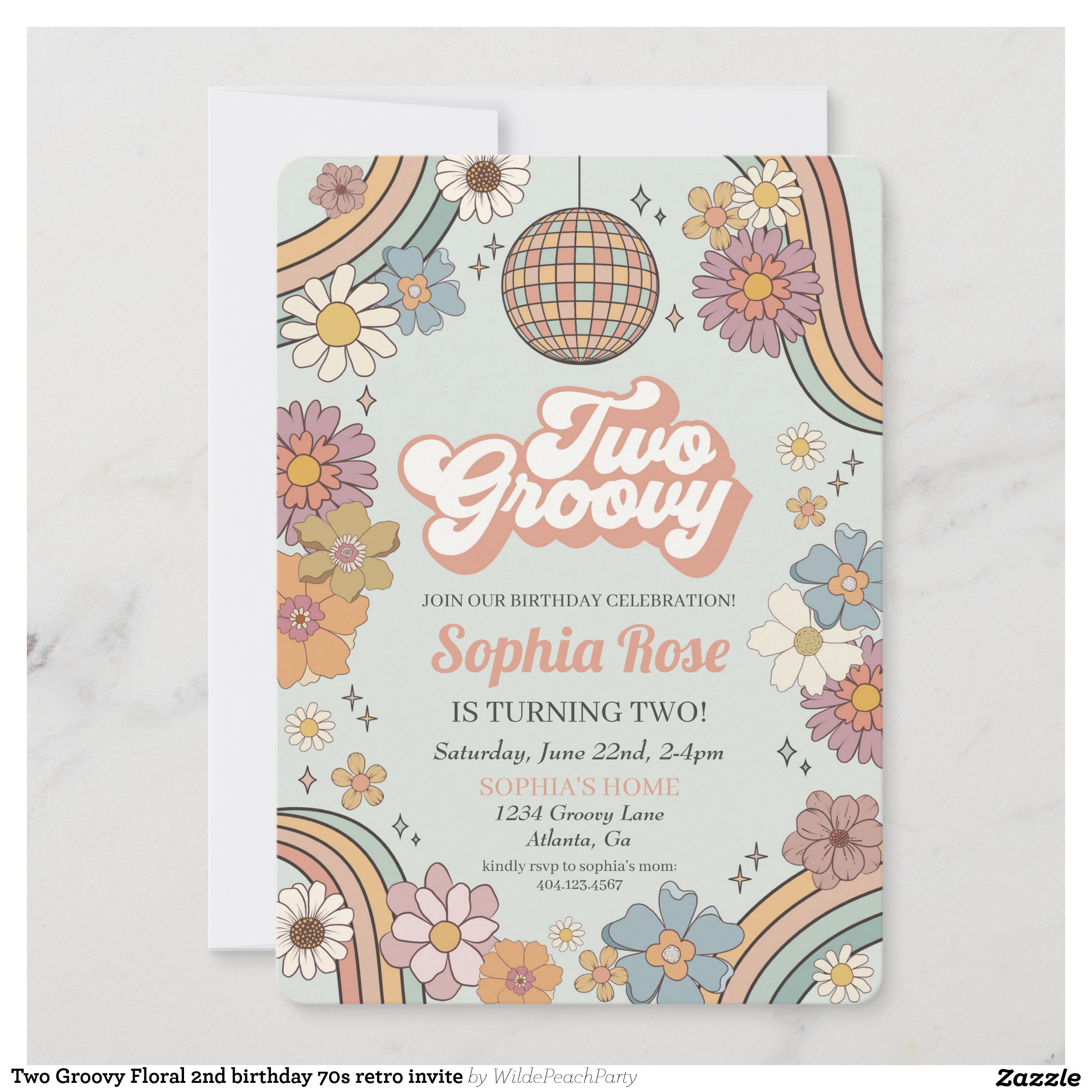 Two Groovy Floral 2nd birthday 70s retro invite