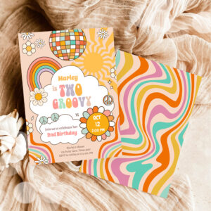Two Groovy Retro 70s Rainbow Girl 2nd Birthday Invitation