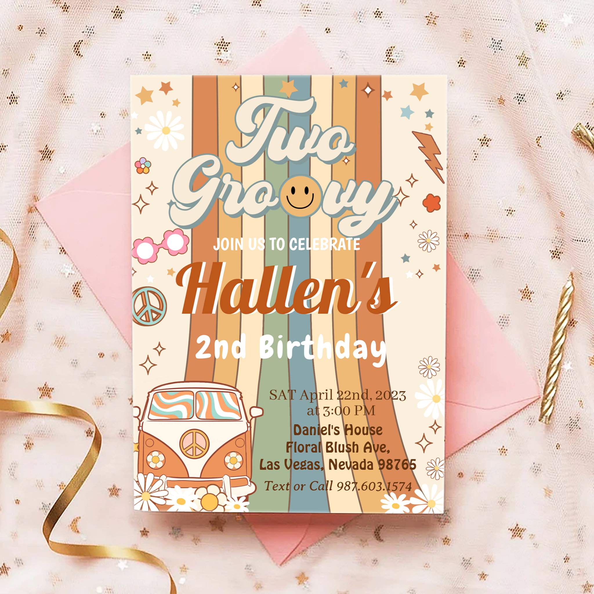 Two Groovy Retro Boho Daisy Rainbow 2nd Birthday Invitation