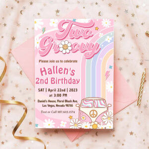 Two Groovy Retro Daisy Rainbow 2nd Birthday Invitation