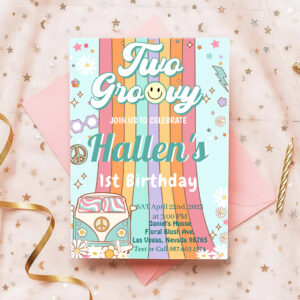 Two Groovy Retro Daisy Rainbow 2nd Birthday Invitation
