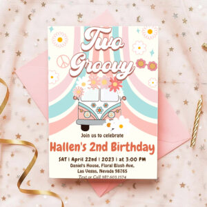 Two Groovy Retro Daisy Rainbow 2nd Birthday Invitation