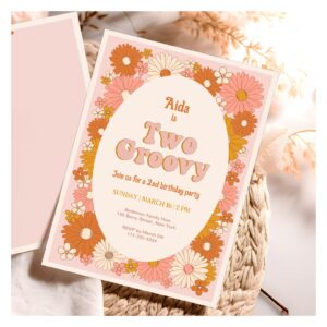 Two Groovy Retro Floral 2nd Birthday Invitation