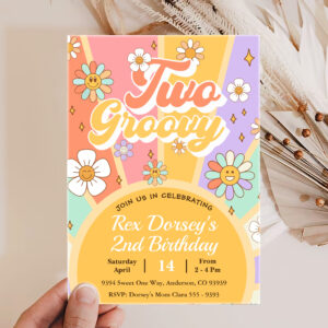 Two Groovy Retro Floral First Birthday Invitation