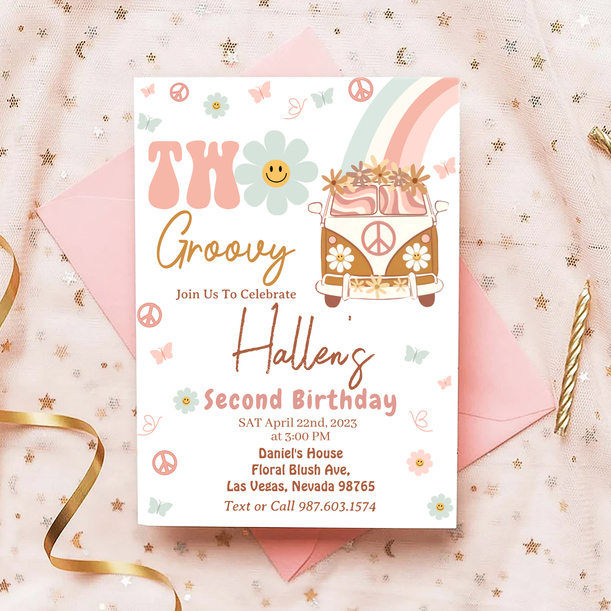 Two Groovy Retro Floral Rainbow 2nd Birthday Invitation