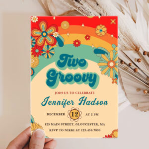 Two Groovy Retro Floral Second Birthday Invitation