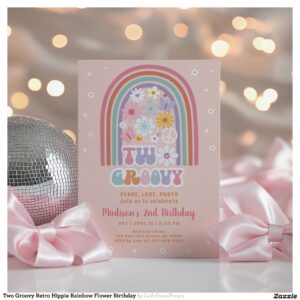 Two Groovy Retro Hippie Rainbow Flower Birthday Invitation