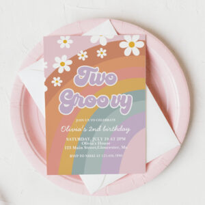 Two Groovy Retro Rainbow 2nd Birthday Invitation