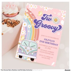 Two Groovy Retro Rainbow 2nd Birthday Invitation
