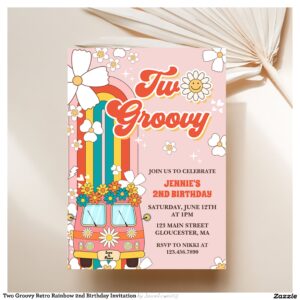 Two Groovy Retro Rainbow 2nd Birthday Invitation