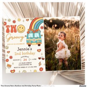 Two Groovy Retro Rainbow 2nd Birthday Party Photo Invitation