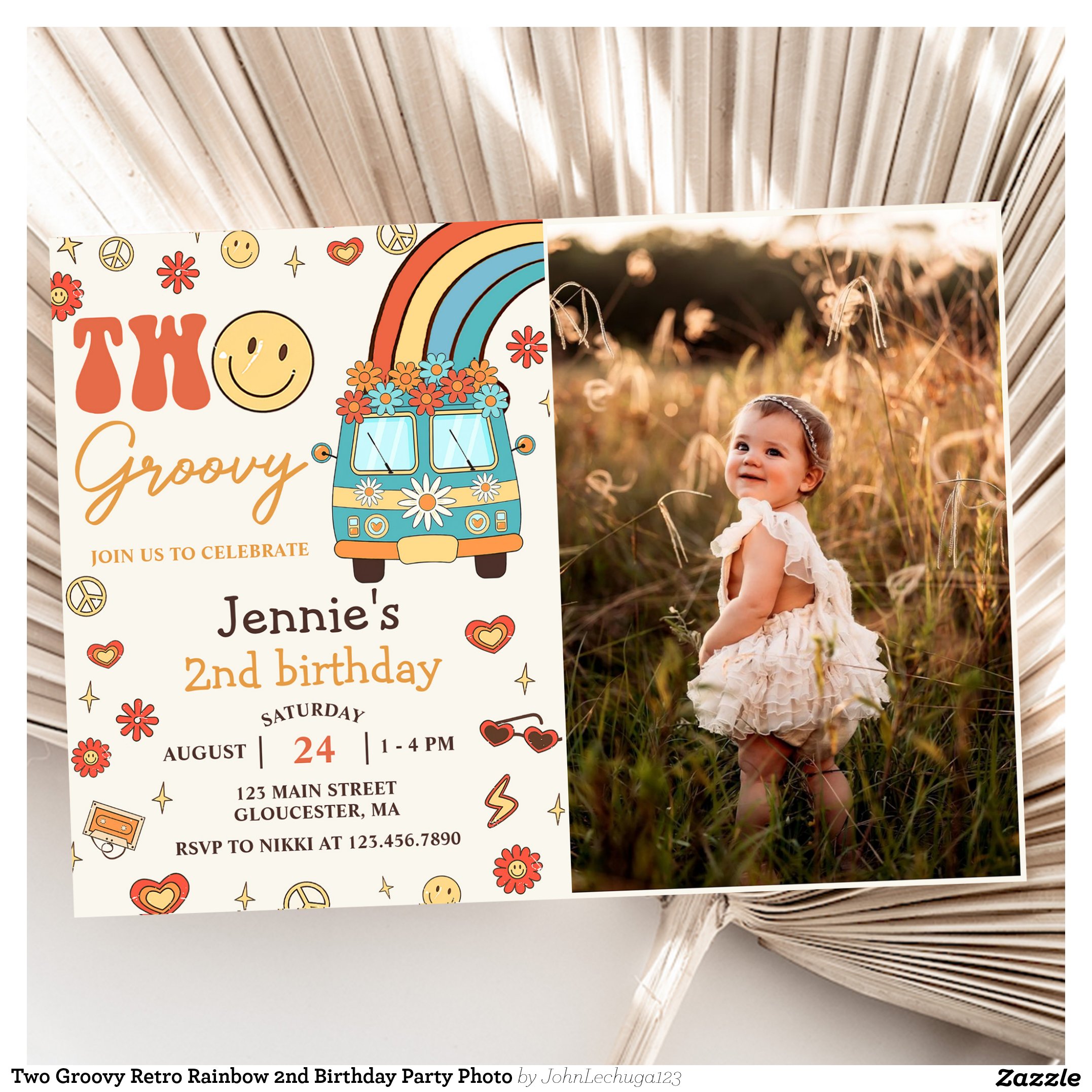 Two Groovy Retro Rainbow 2nd Birthday Party Photo Invitation
