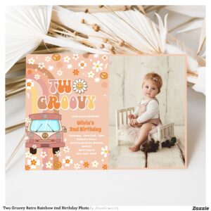 Two Groovy Retro Rainbow 2nd Birthday Photo Invitation