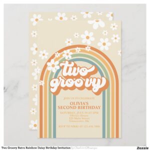 Two Groovy Retro Rainbow Daisy Birthday Invitation