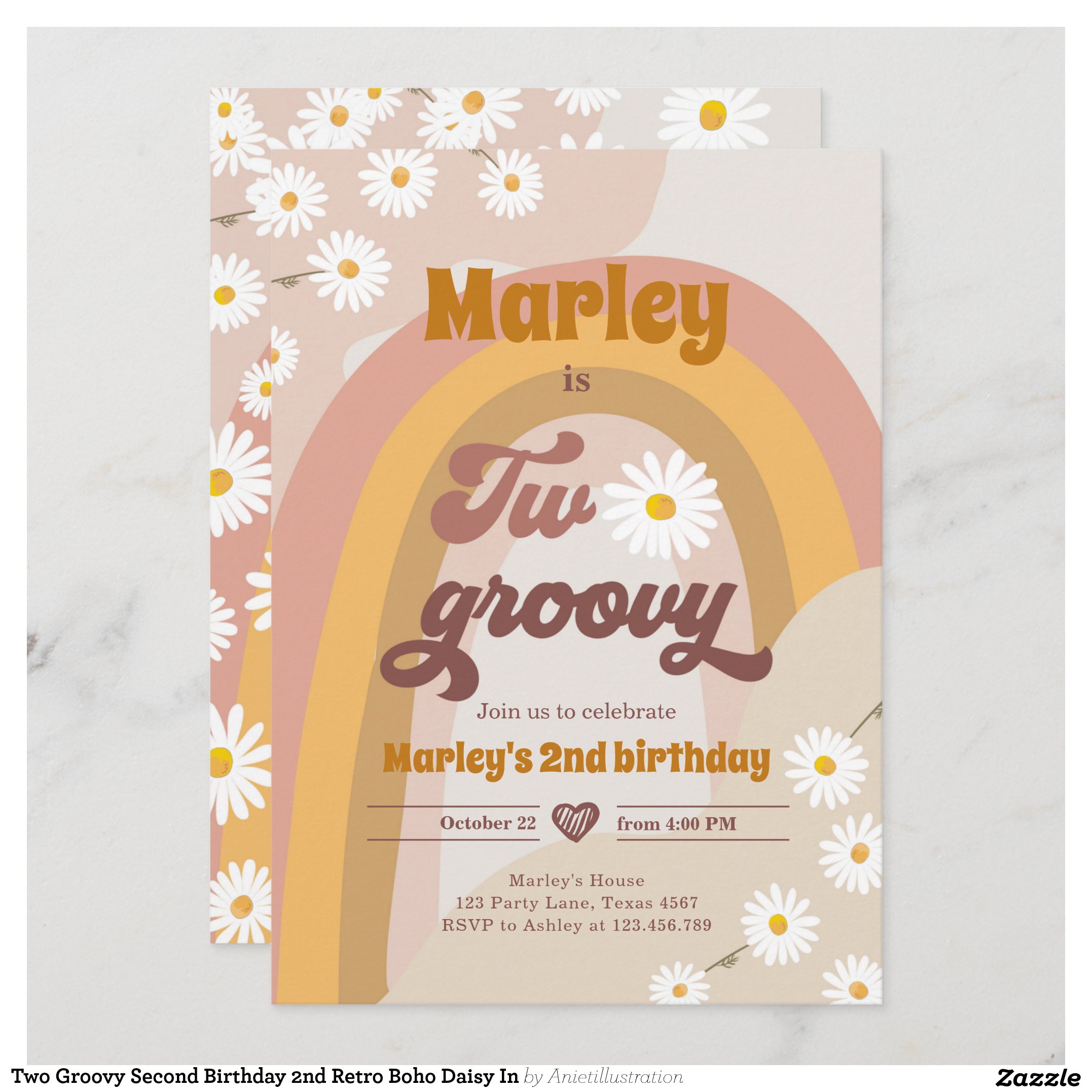 Two Groovy Second Birthday 2nd Retro Boho Daisy In Invitation