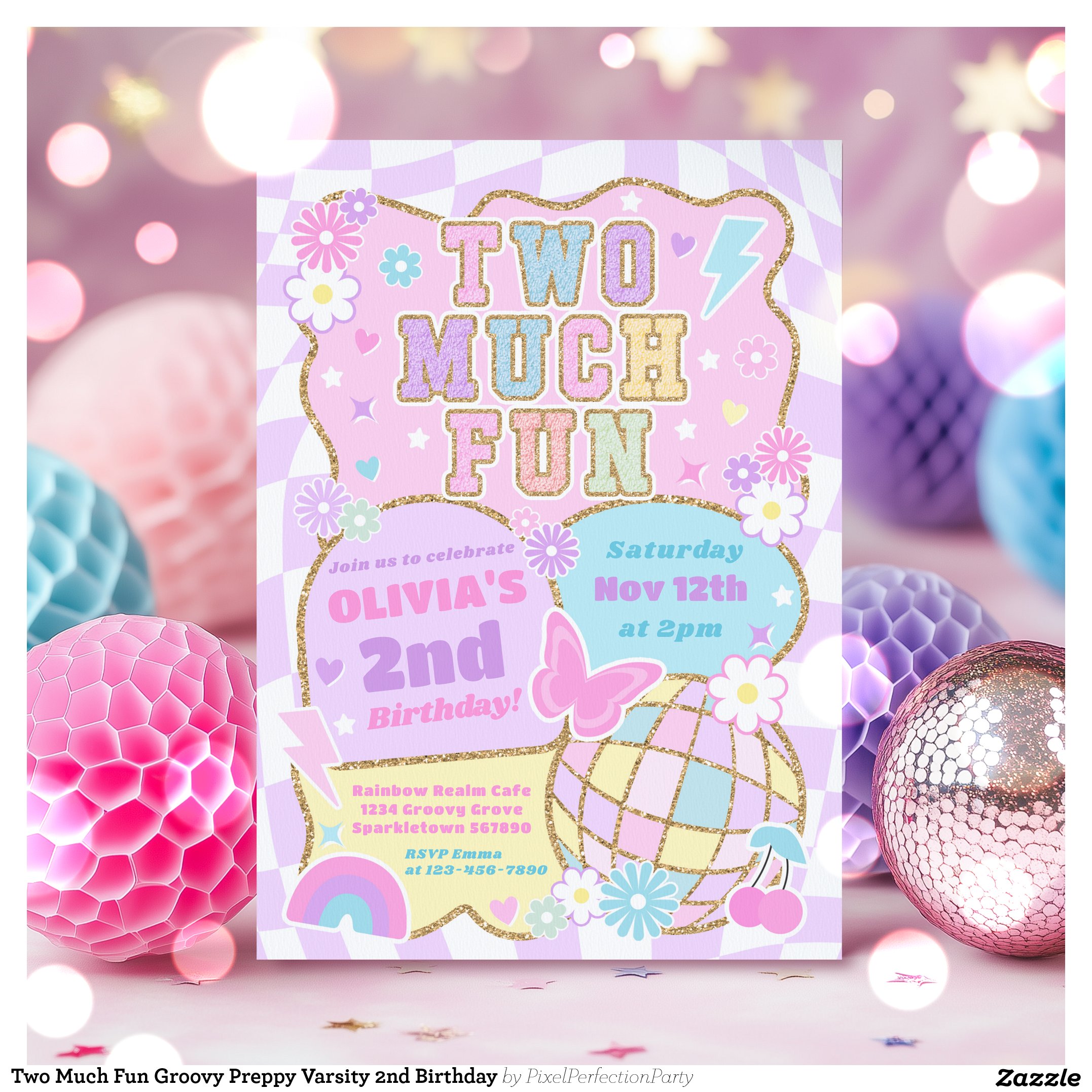 Two Much Fun Groovy Preppy Varsity 2nd Birthday Invitation