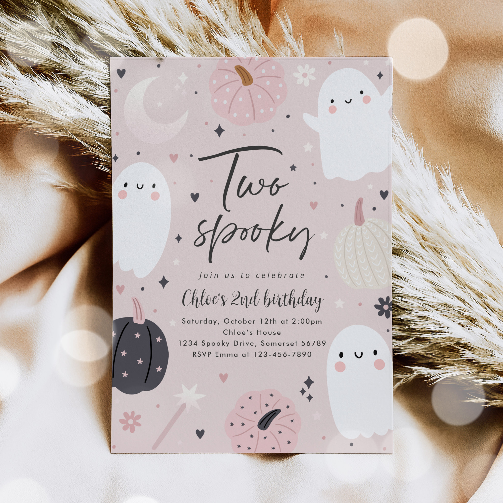 Two Spooky Boho Halloween Ghost 2nd Birthday Party Invitation