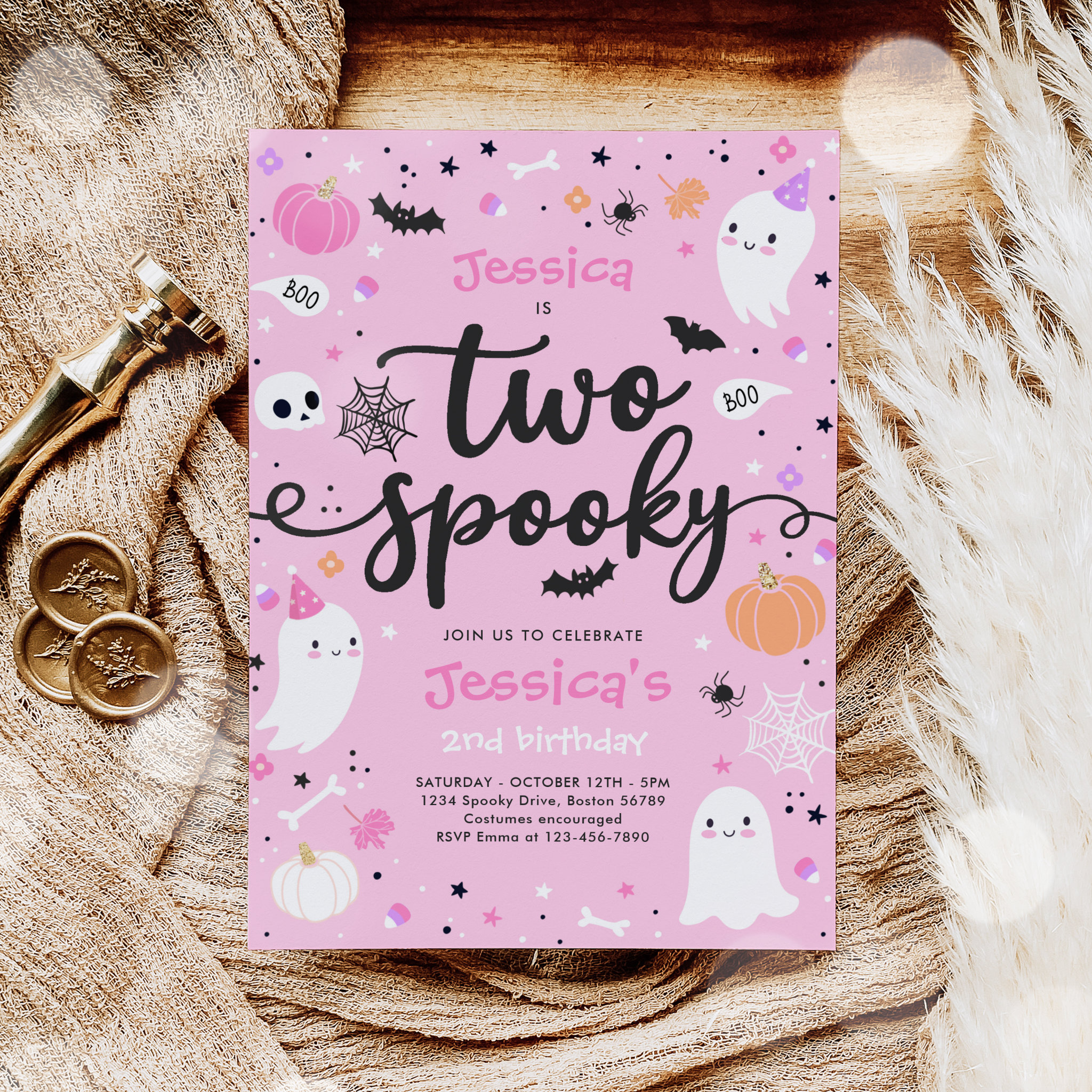 Two Spooky Cute Halloween Ghost 2nd Birthday Party Invitation