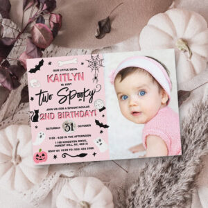 Two Spooky! Girls Halloween 2nd Birthday Photo Invitation