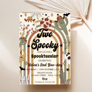 Two Spooky Groovy Cactus Halloween Birthday Invitation