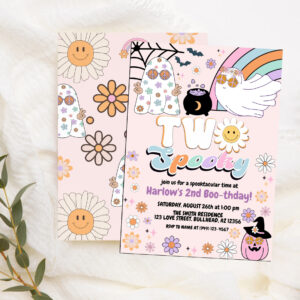 Two Spooky Groovy Ghost Hippie Halloween Birthday Invitation