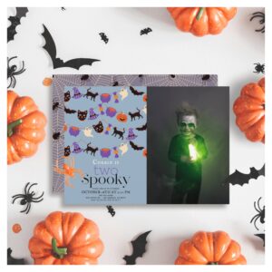 Two Spooky Halloween Blue 2nd Birthday Photo Invitation