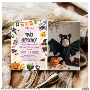 Two Spooky Halloween Cute Ghost Birthday Party Invitation
