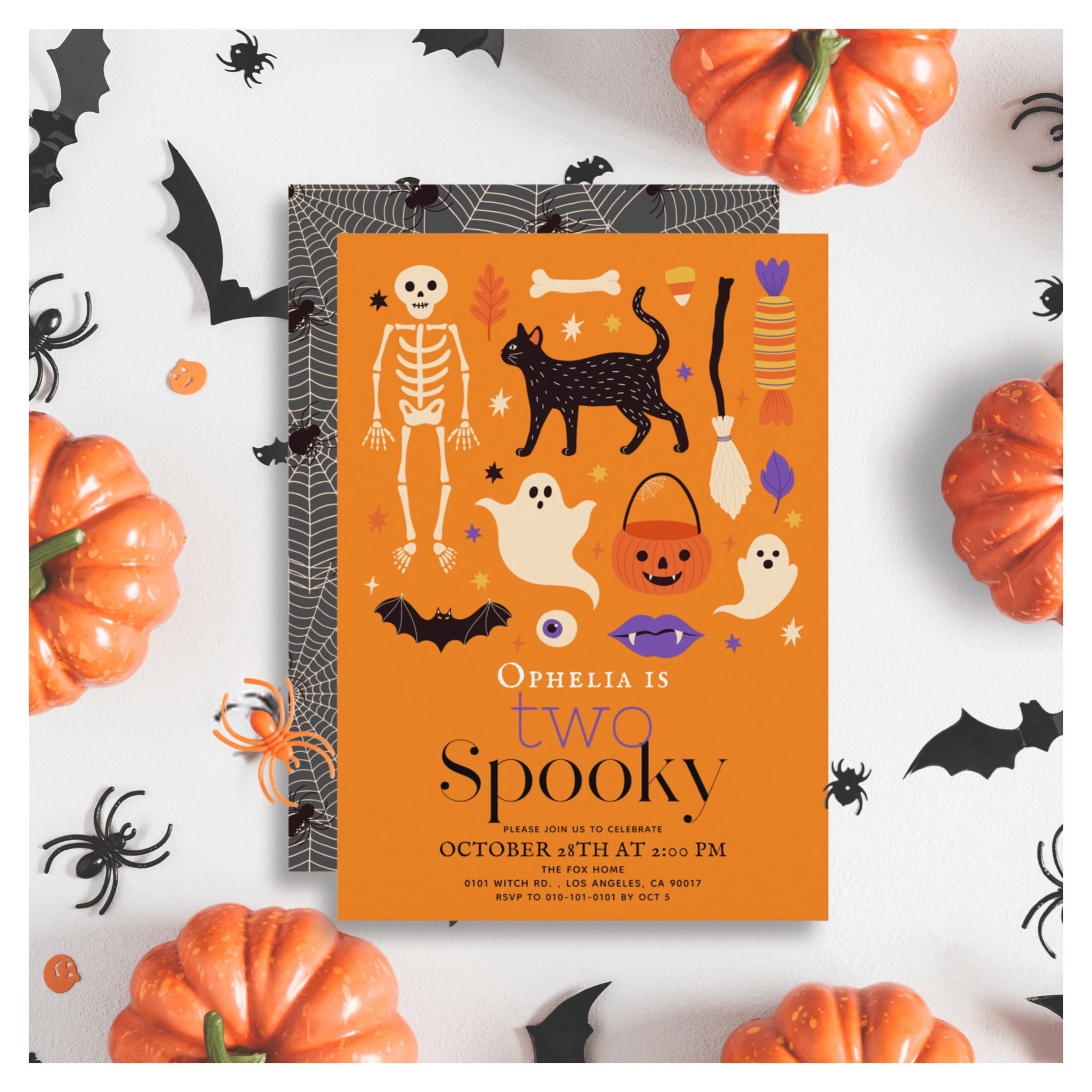 Two Spooky Halloween Motifs Orange 2nd Birthday Invitation