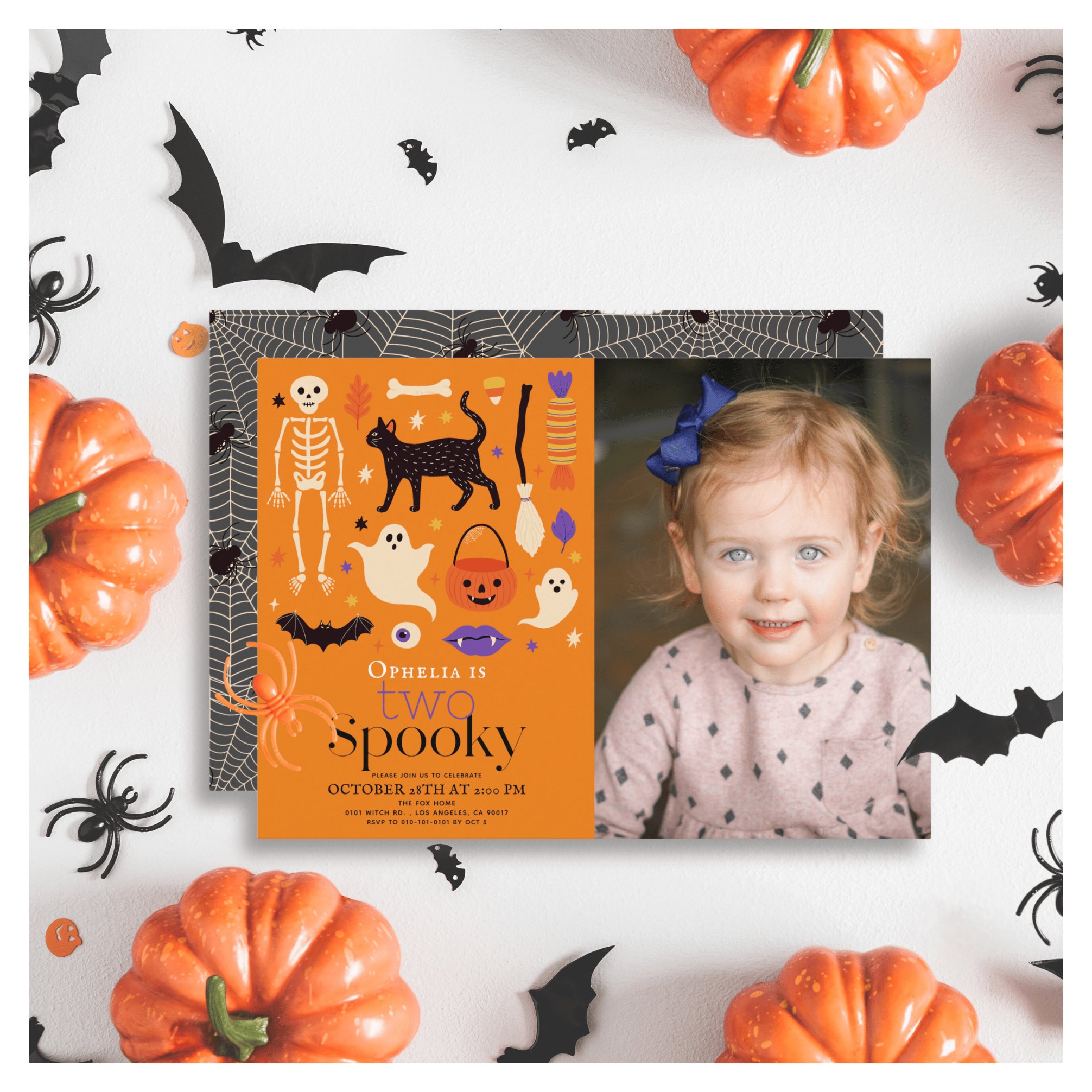 Two Spooky Halloween Orange 2nd Birthday Photo Invitation