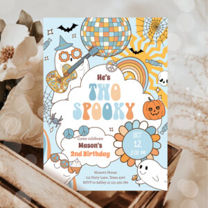Two Spooky Retro Halloween Boy Second Birthday Invitation