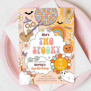 Two Spooky Retro Halloween Girl Second Birthday Invitation