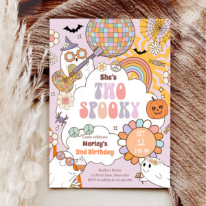 Two Spooky Retro Halloween Girl Second Birthday Invitation