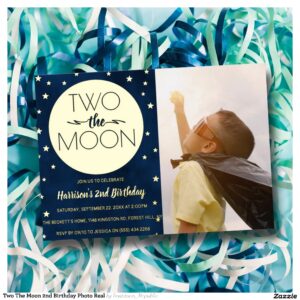 Two The Moon 2nd Birthday Photo Real Foil Invitation