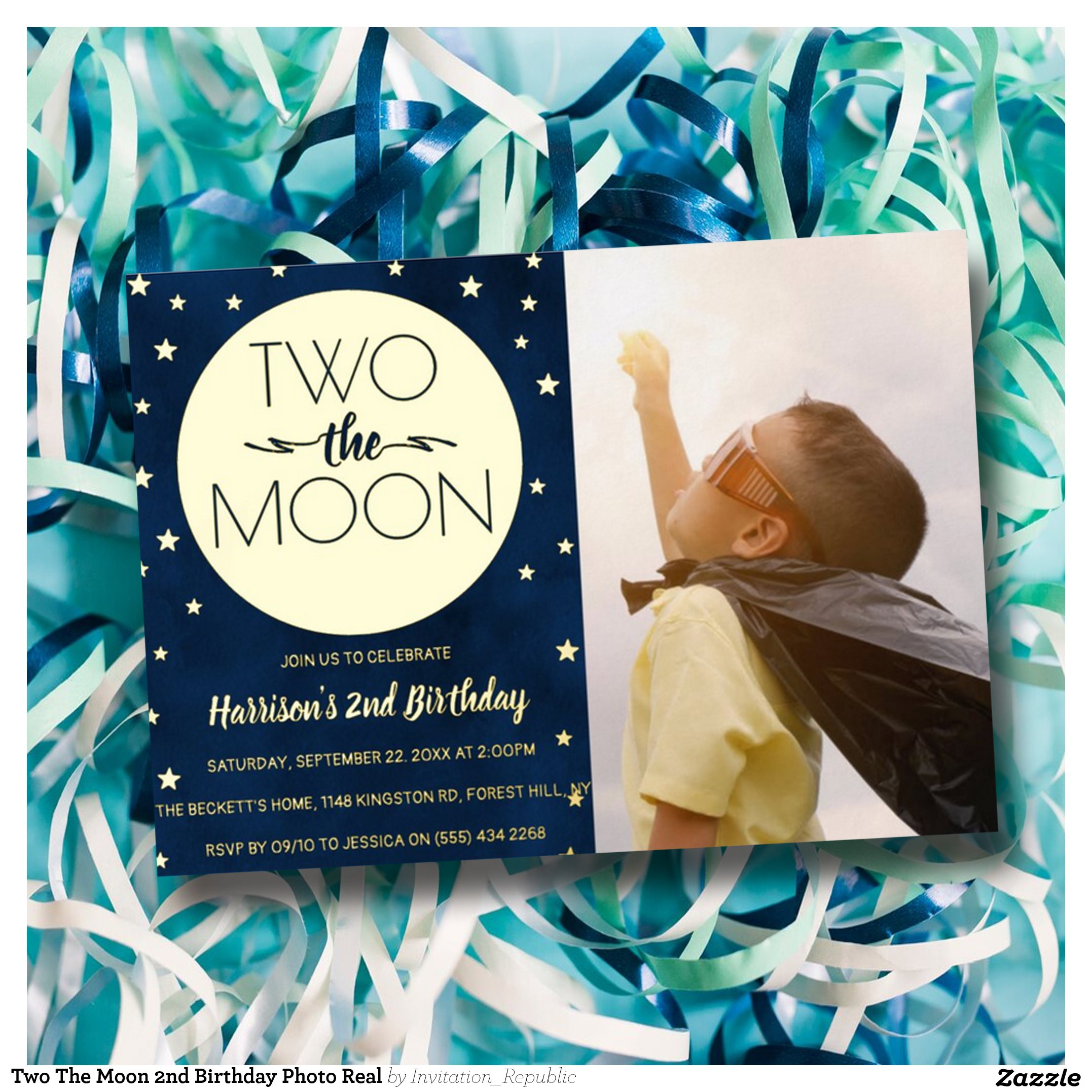 Two The Moon 2nd Birthday Photo Real Foil Invitation