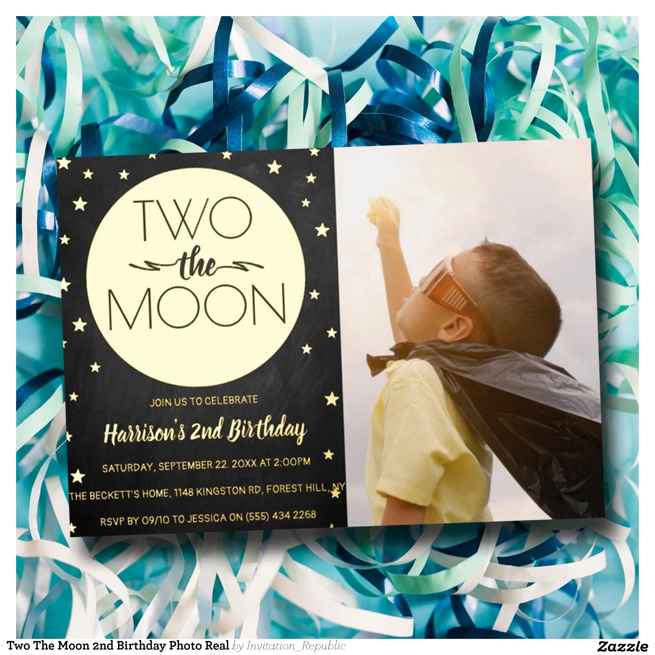 Two The Moon 2nd Birthday Photo Real Foil Invitation